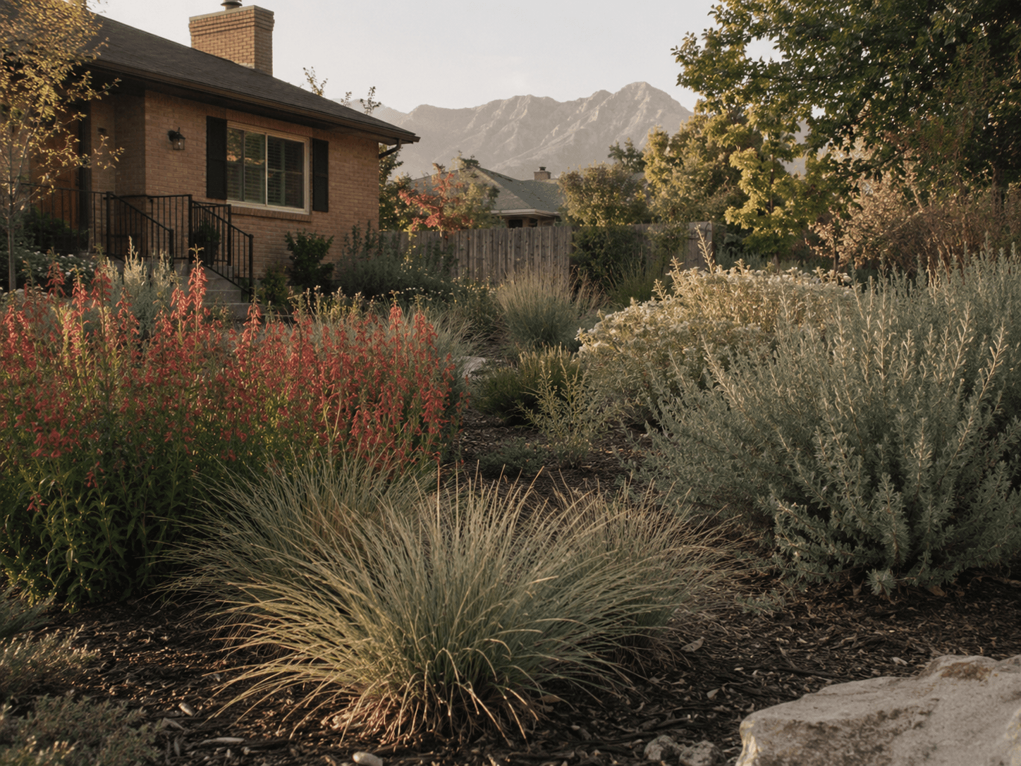 Residential front yard planted with Intermountain West native species — penstemon, grama grass, and desert sage