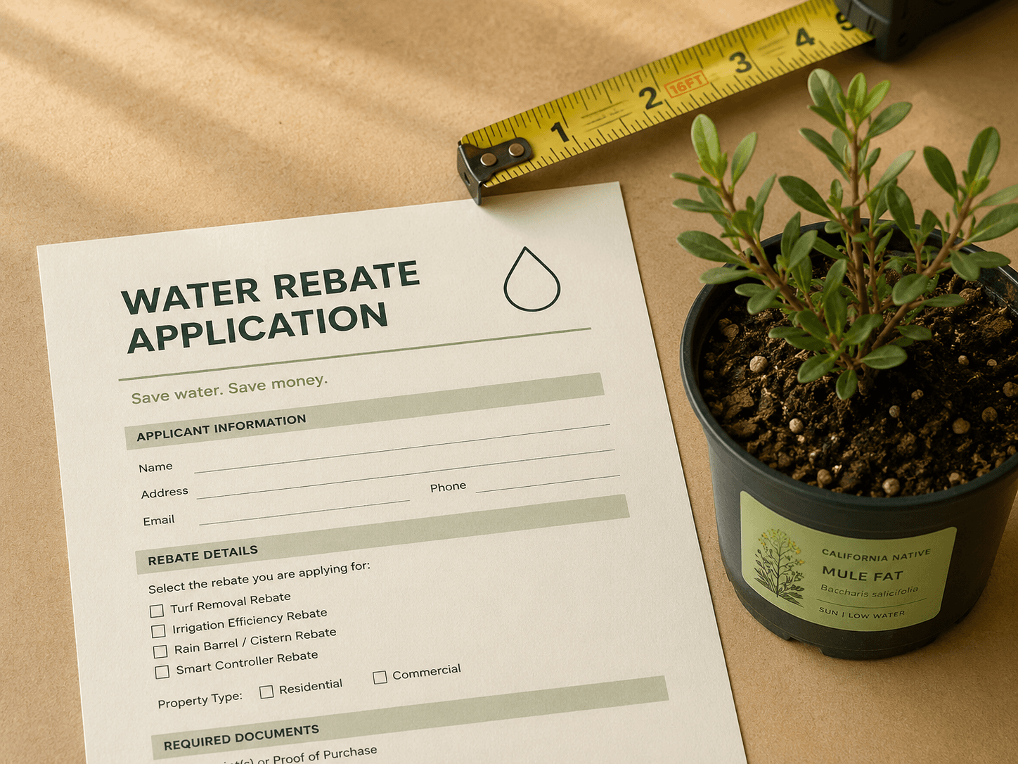 Water rebate application and native plant documentation on a desk